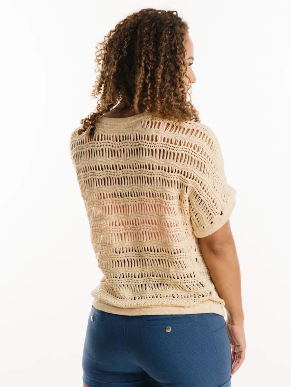 Ivory Hilton Head Crochet Open-Knit Short Sleeve Top Sweater Zyia Layered Look - Picture 3 of 6